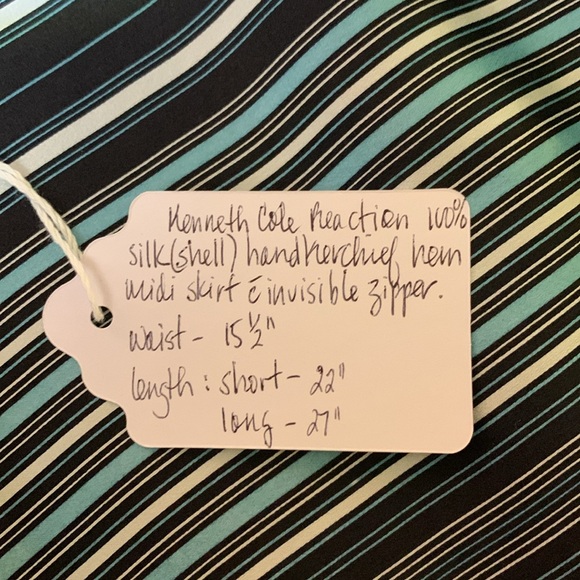 Kenneth Cole Reaction teal/black/white silk midi handkerchief skirt. Sz 6. NWOT - Picture 7 of 7